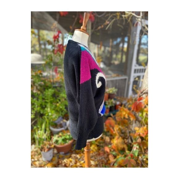 80s Color Block Knit Sweater Crew New Wave Colour Block Sz M - Picture 3 of 13